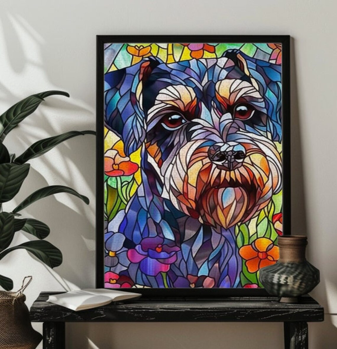 Schnauzer Stained Glass Jigsaw Puzzle Art Print
