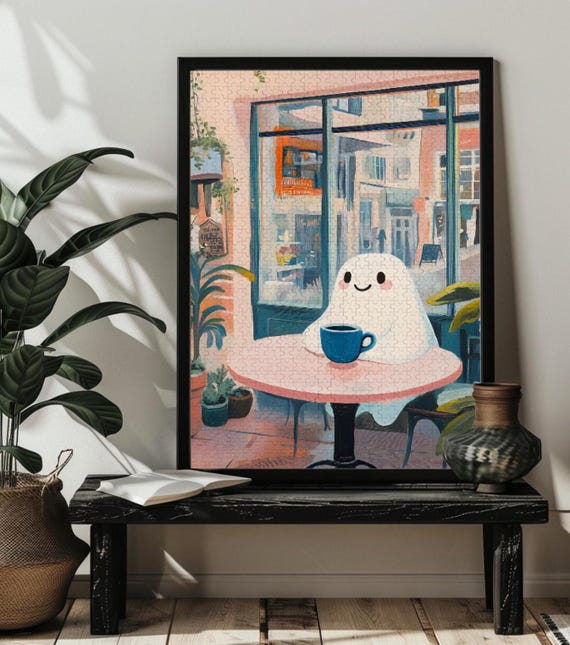 Little Spooky Ghost Drinking Coffee Art Print