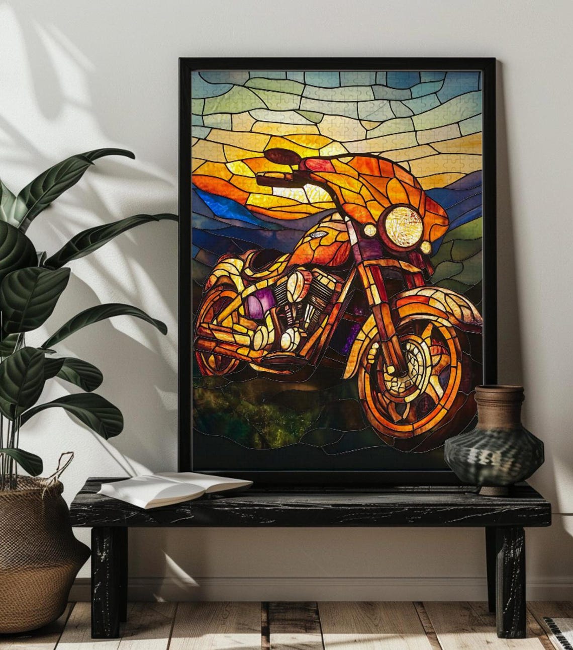 Stained Glass Motorcycle Front View Sunset Orange Biker Poster - Image 4