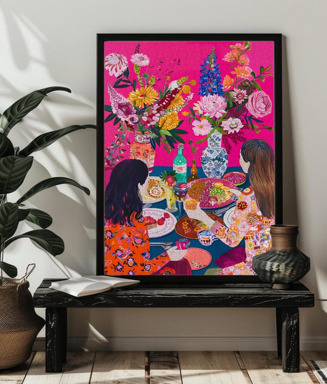 Joyful Ladies Brunch Table with Abundant Colorful Flowers Poster