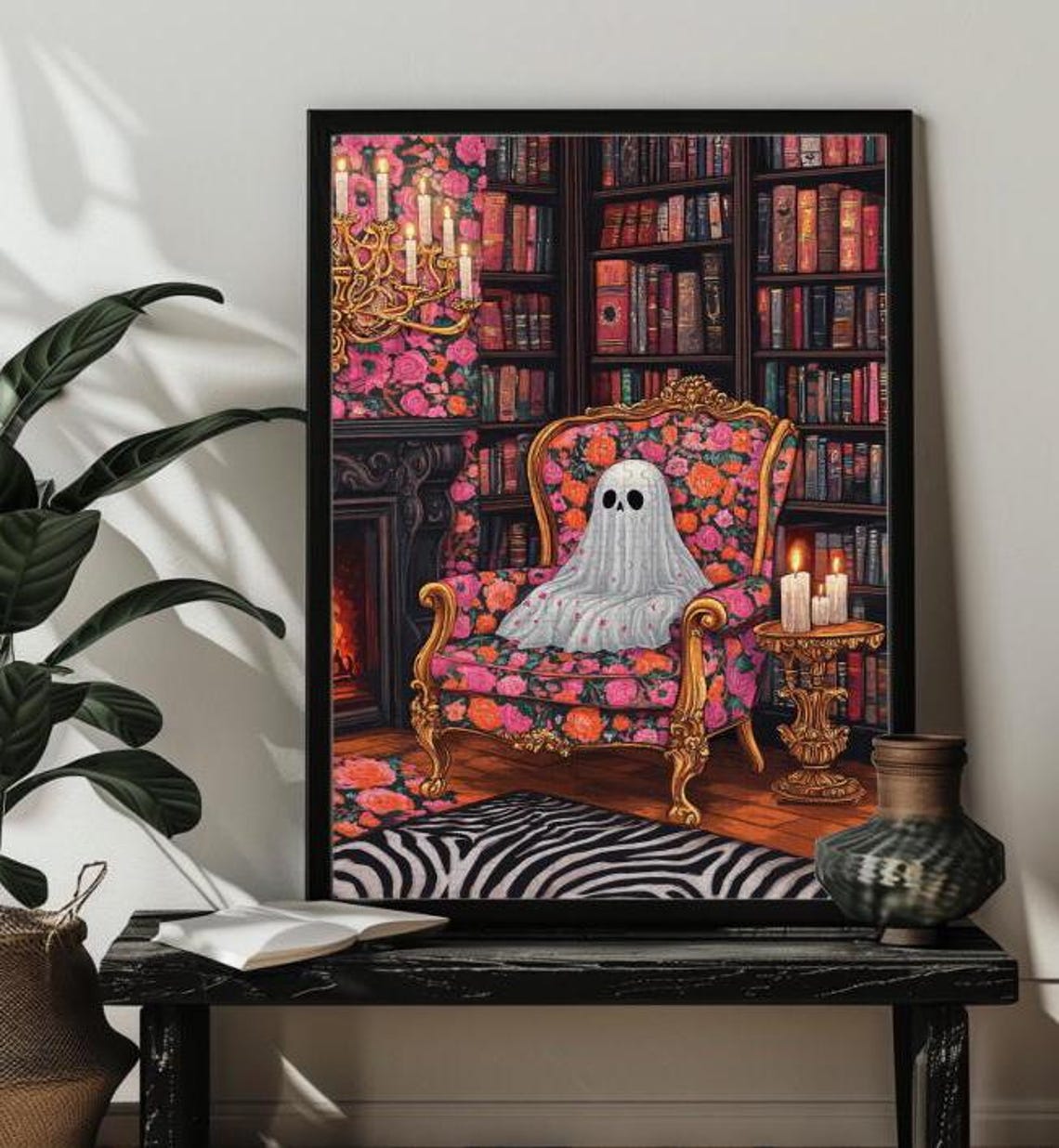 Cute Friendly Ghost Reading a Book in a Vintage Library Poster - Image 4