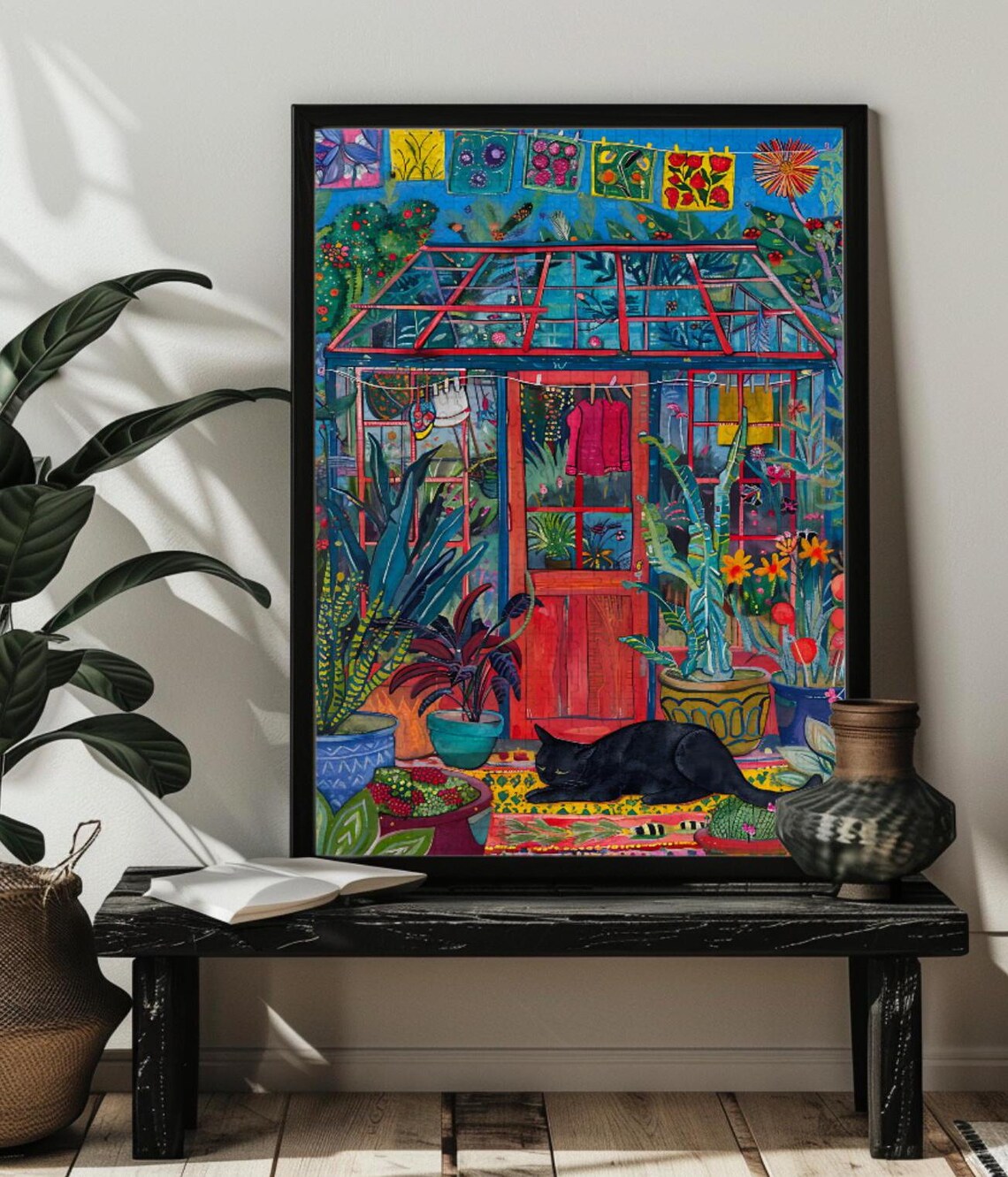 Black Cat Resting among Flowers in a Sunlit Glass Greenhouse Poster - Image 3