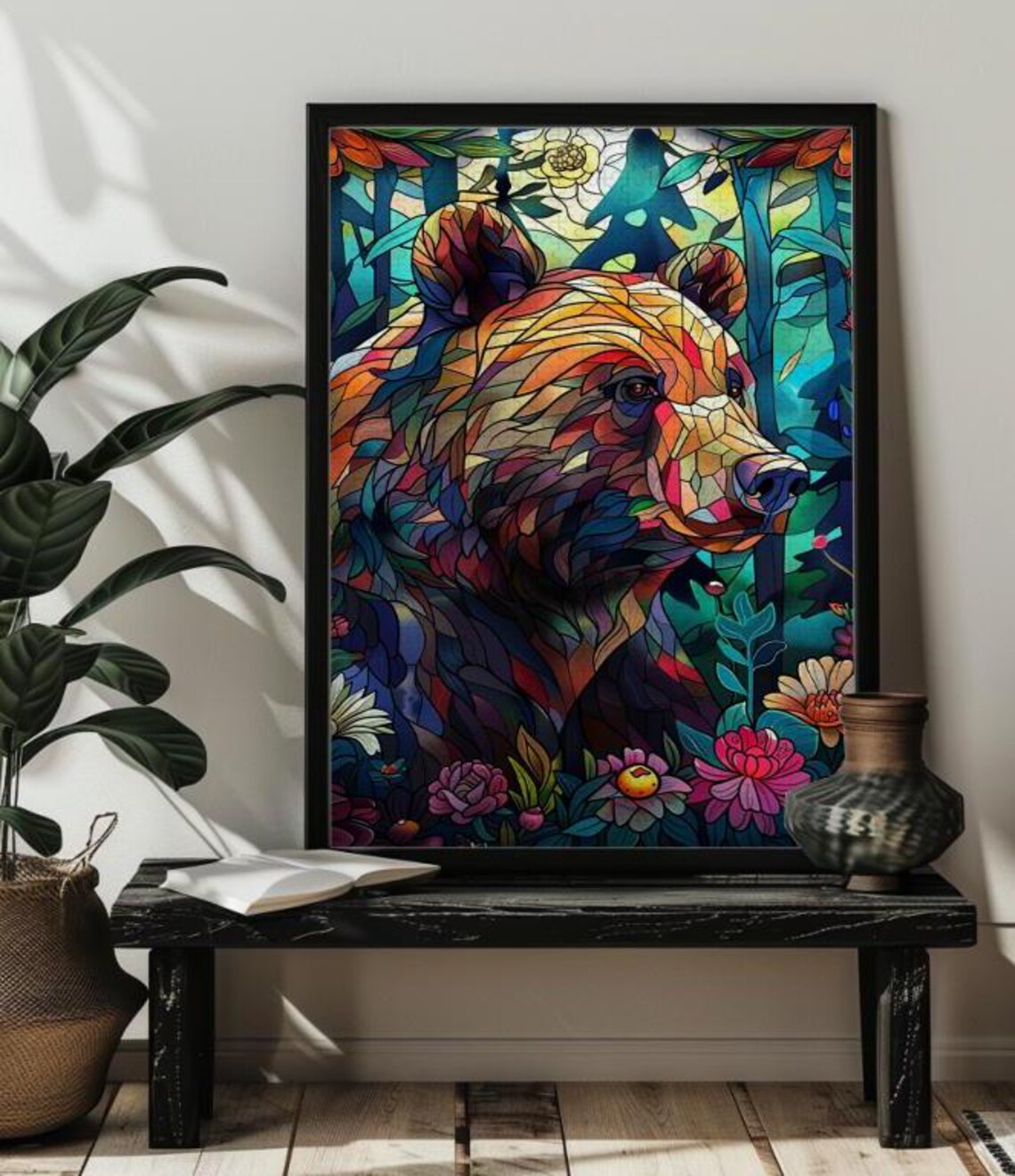 Stained Glass Bear Jigsaw Puzzle, Mountain Landscape - Image 4