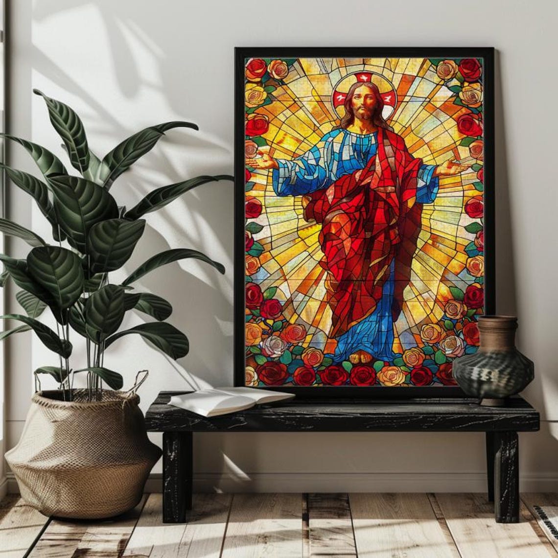 Jesus with Open Arms Stained Glass Golden Light Roses Poster - Image 2