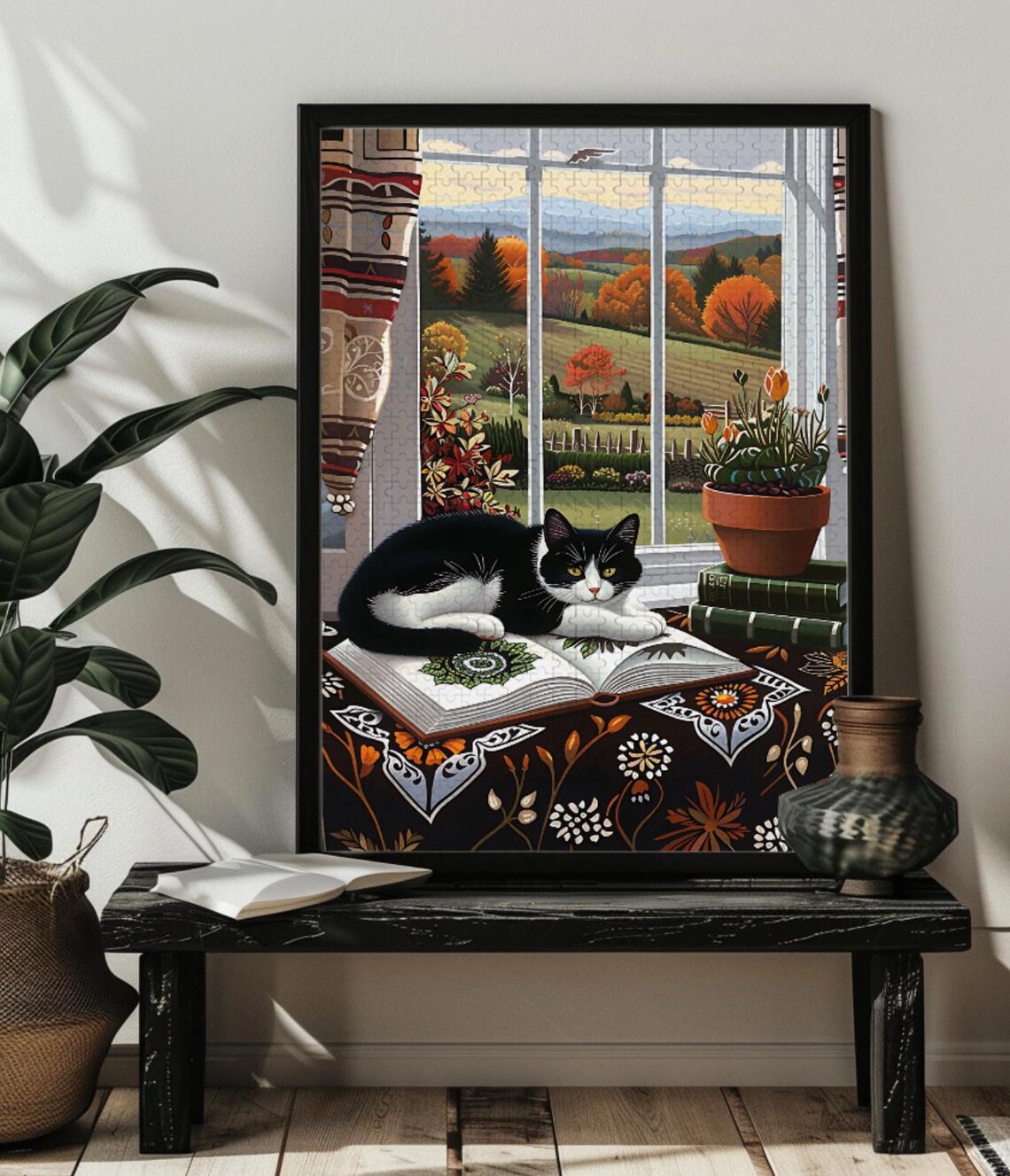 Whimsical Tuxedo Cat Jigsaw Puzzle, Book Lover Gift