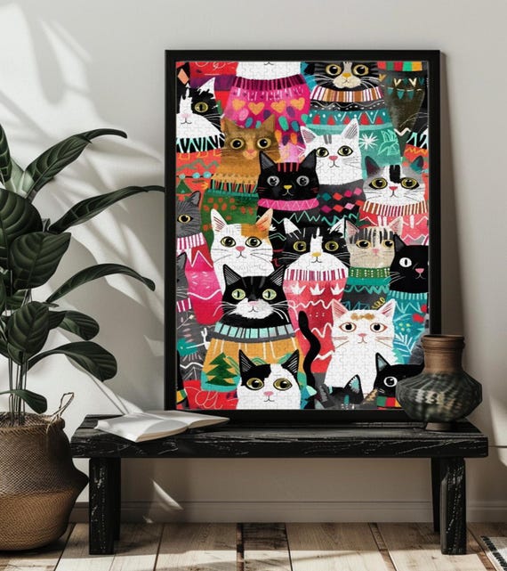 Holiday Wintry Cat Jigsaw Puzzle2003005001000 Wood Whimsical Funny Cat Puzzlescharming Winter Christmas Wall Artcute Cat Lover Gift