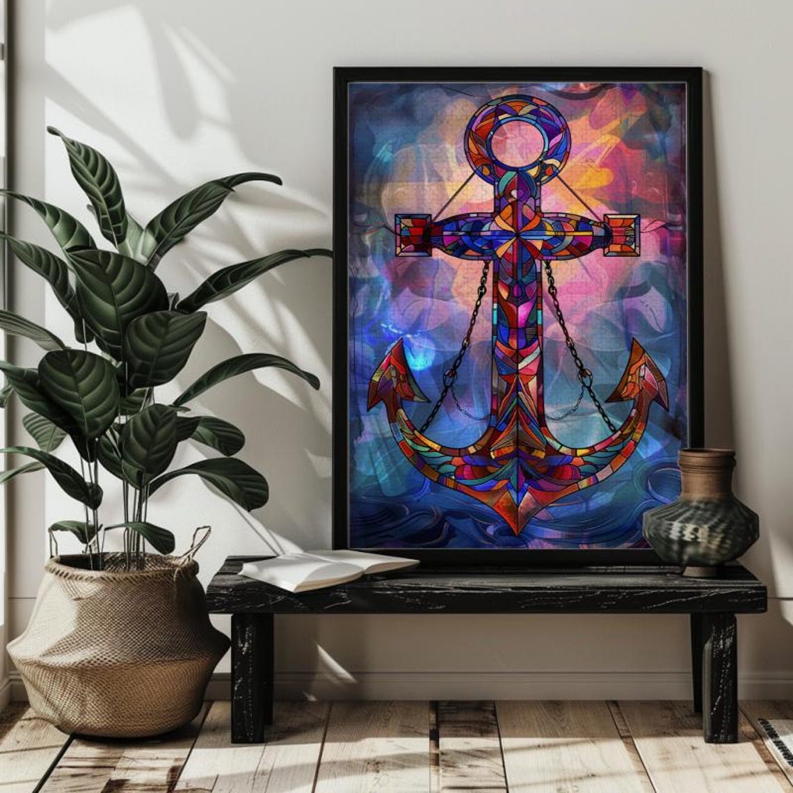 Golden Anchor Stained Glass Nautical Ocean Window Art Poster - Image 2