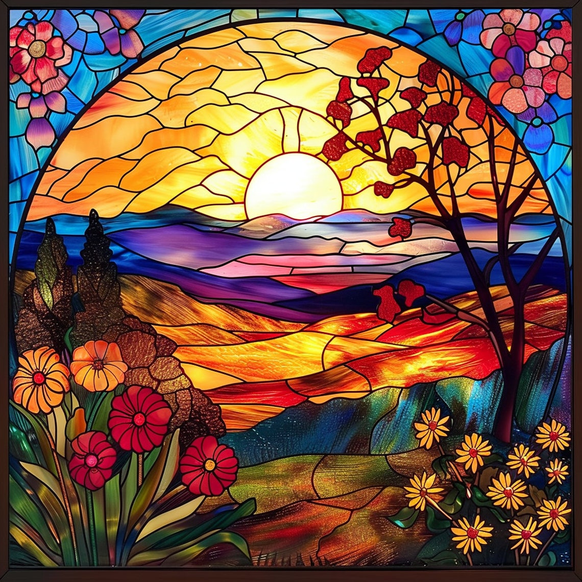Stained Glass Sunset Over Rolling Hills Floral Window Art Poster
