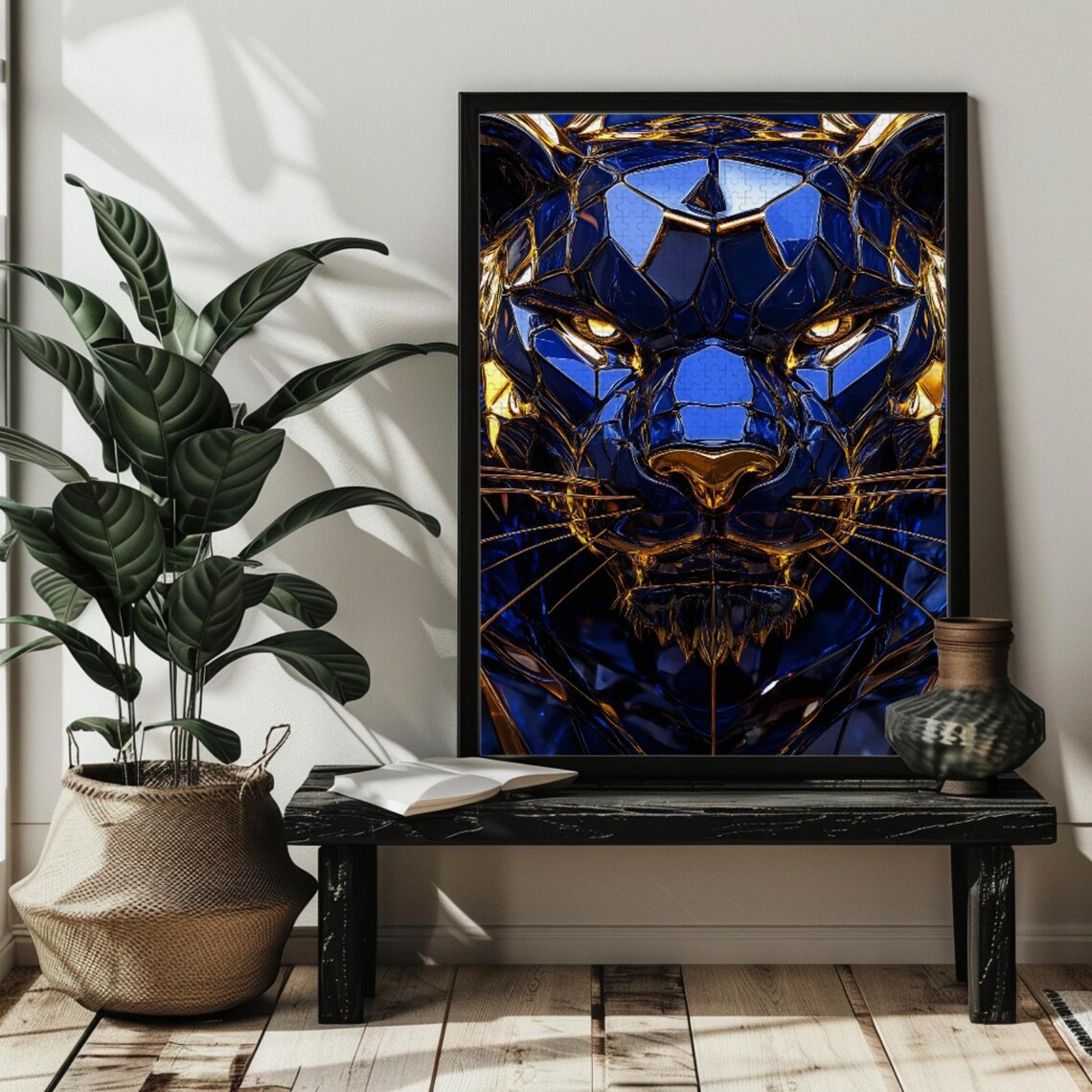 Stained Glass Black Panther Face with Pink Roses Feline Poster - Image 2