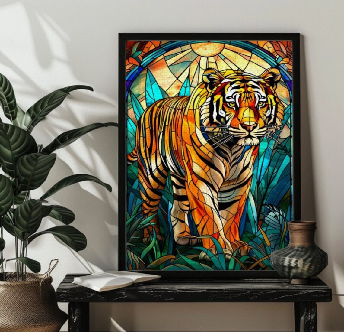 Majestic Orange Tiger Prowling in Stained Glass Jungle Scene Poster