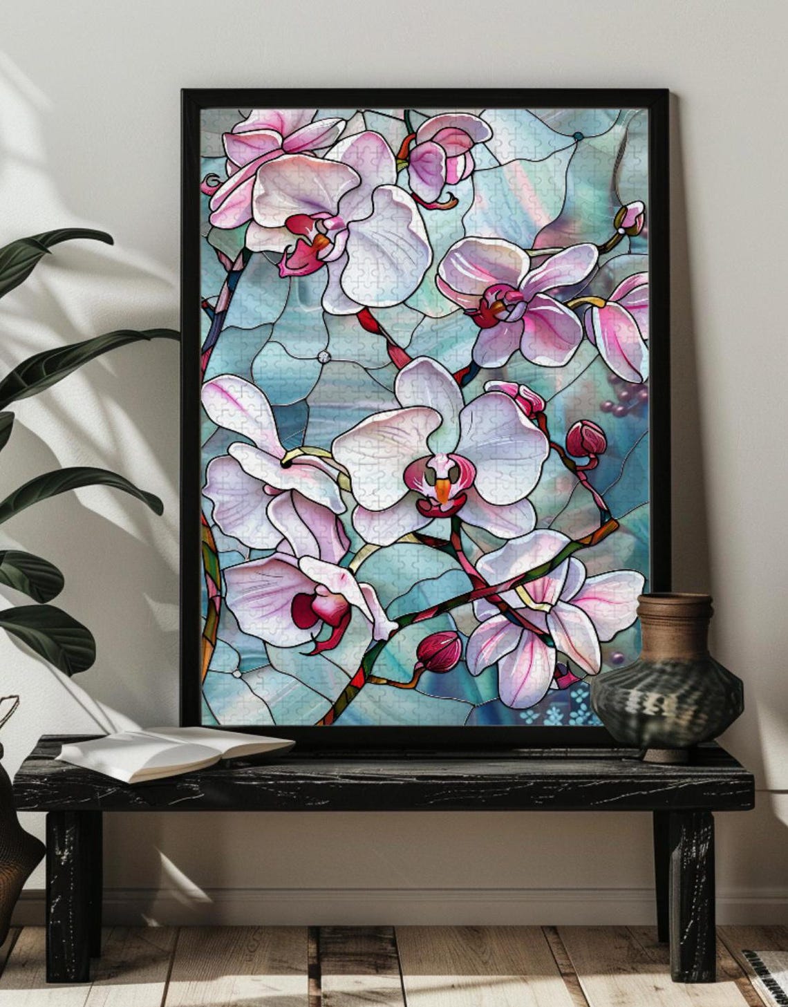 Elegant Pink Butterfly Orchids Blooming in Stained Glass Poster