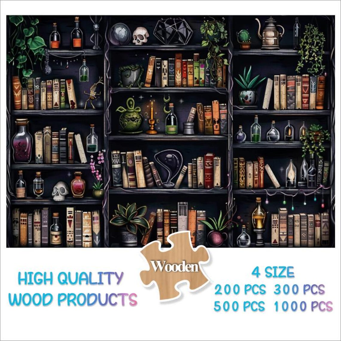 Spooky Halloween Bookshelf with Spell Bottles and Skulls Poster - Image 3