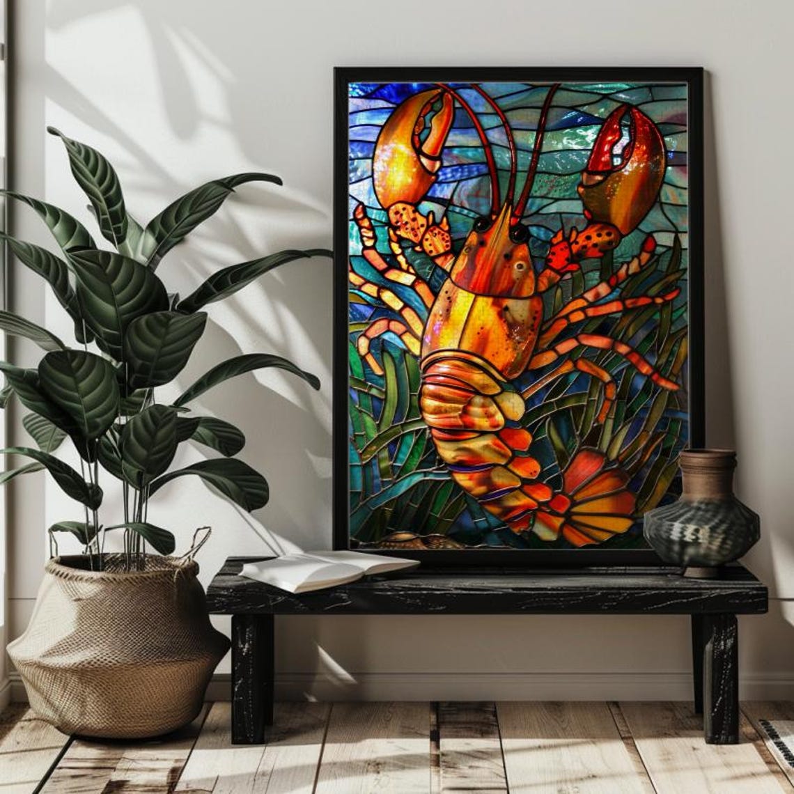 Bold Red Lobster in a Stained Glass Underwater Coastal Scene Poster - Image 3