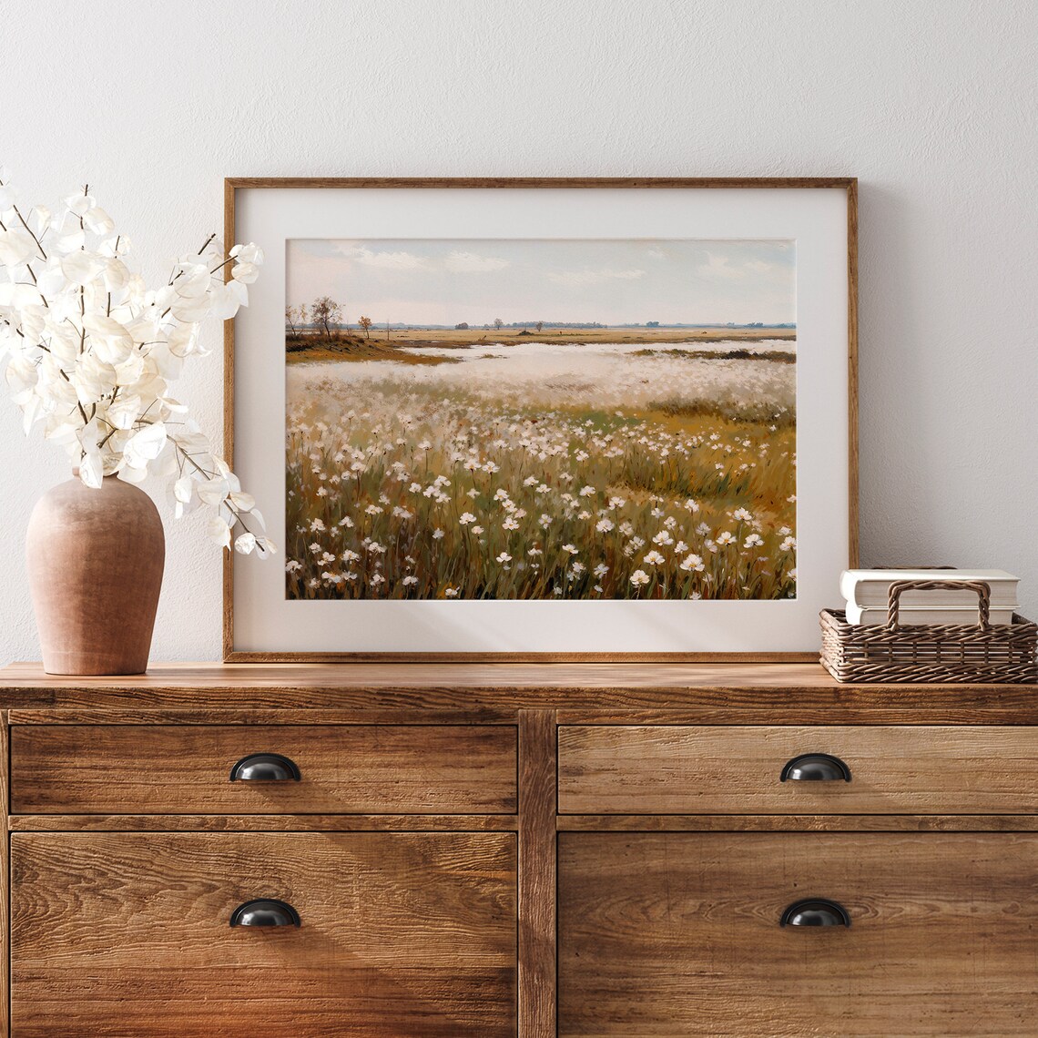 White Wildflower Field by Still Water Serene Vintage Landscape Poster - Image 4