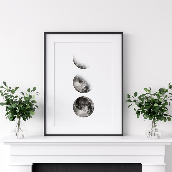 Moon Phase Print, Black and White Celestial Art