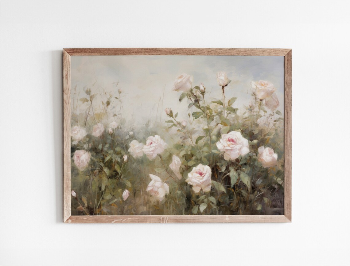White Rose Bushes In A Misty Morning Garden Floral Painting Poster - Image 3