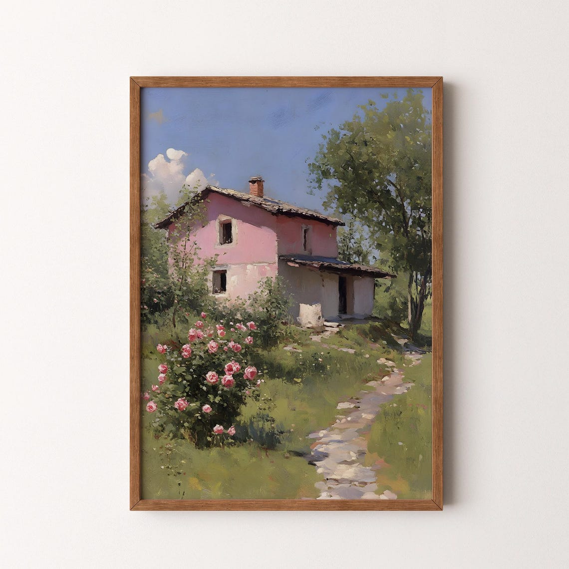 Pink Cottage With Rose Garden Vintage Country House Painting Poster