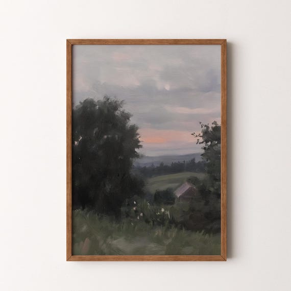 Vintage Countryside Landscape Painting Moody Rustic Cabin Scene Vi205
