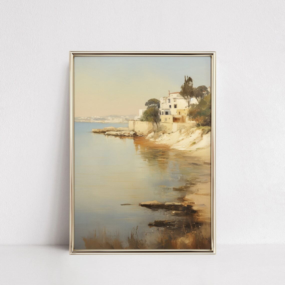 Serene Coastal Bay with White Village Houses Vintage Calm Seascape Poster - Image 4
