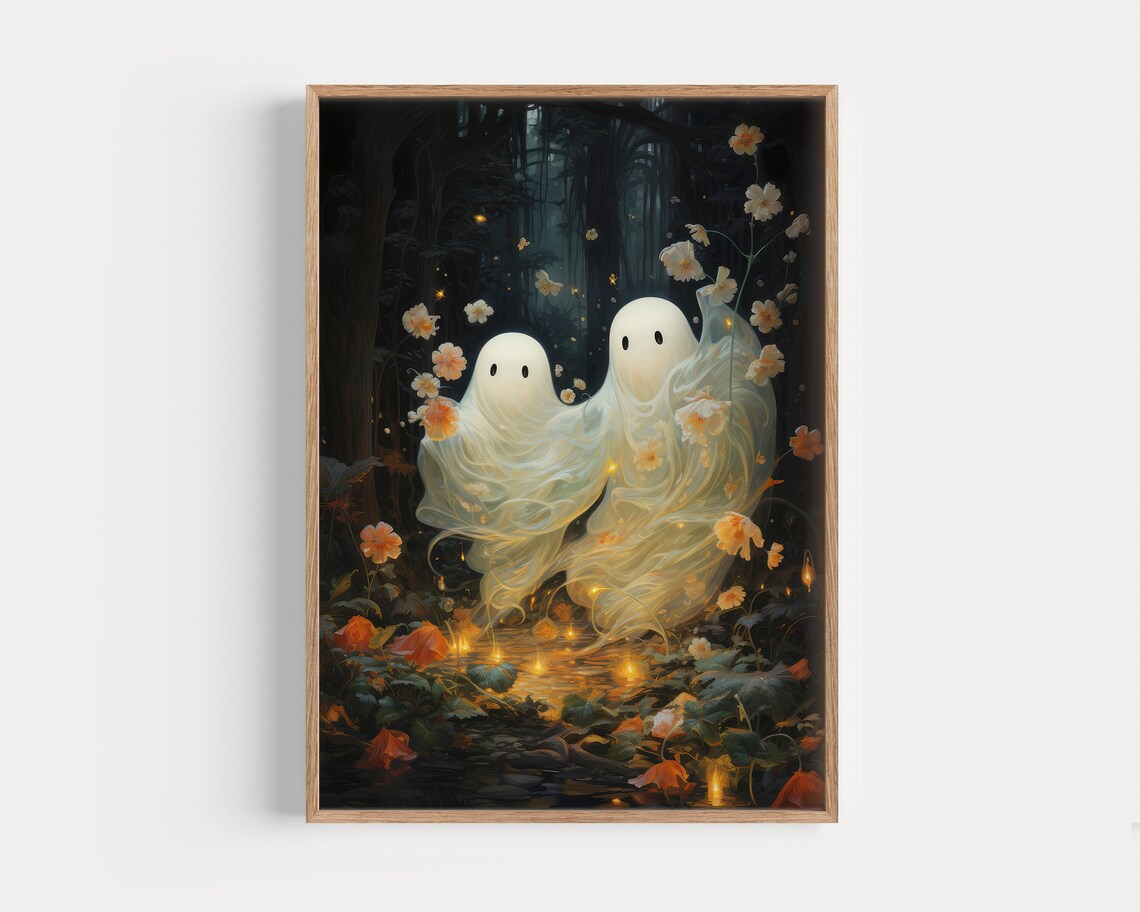 Two Ghosts Among Flowers in a Moonlit Forest Magical Halloween Art Poster - Image 2