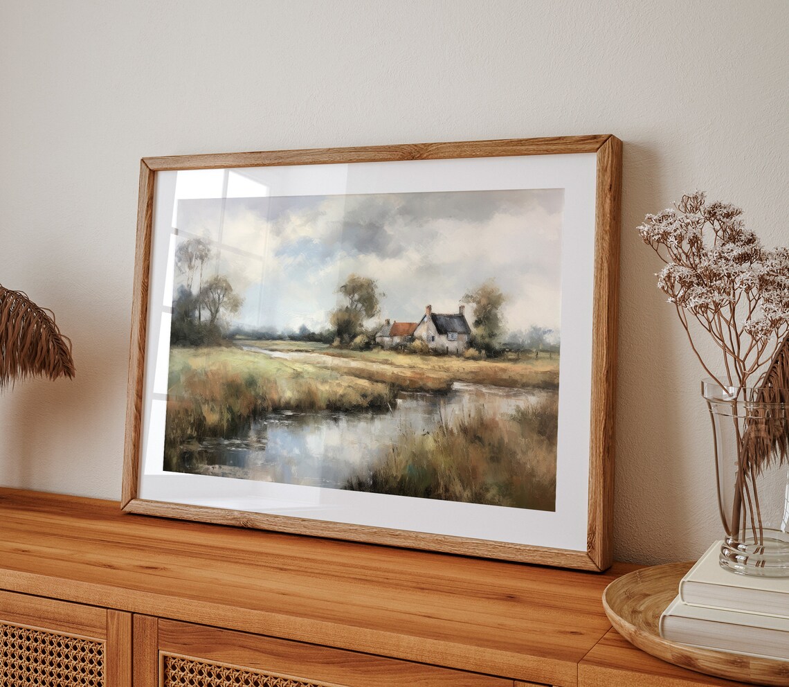 Country Cottage by a Winding River Pastoral Green Landscape Art Poster - Image 2