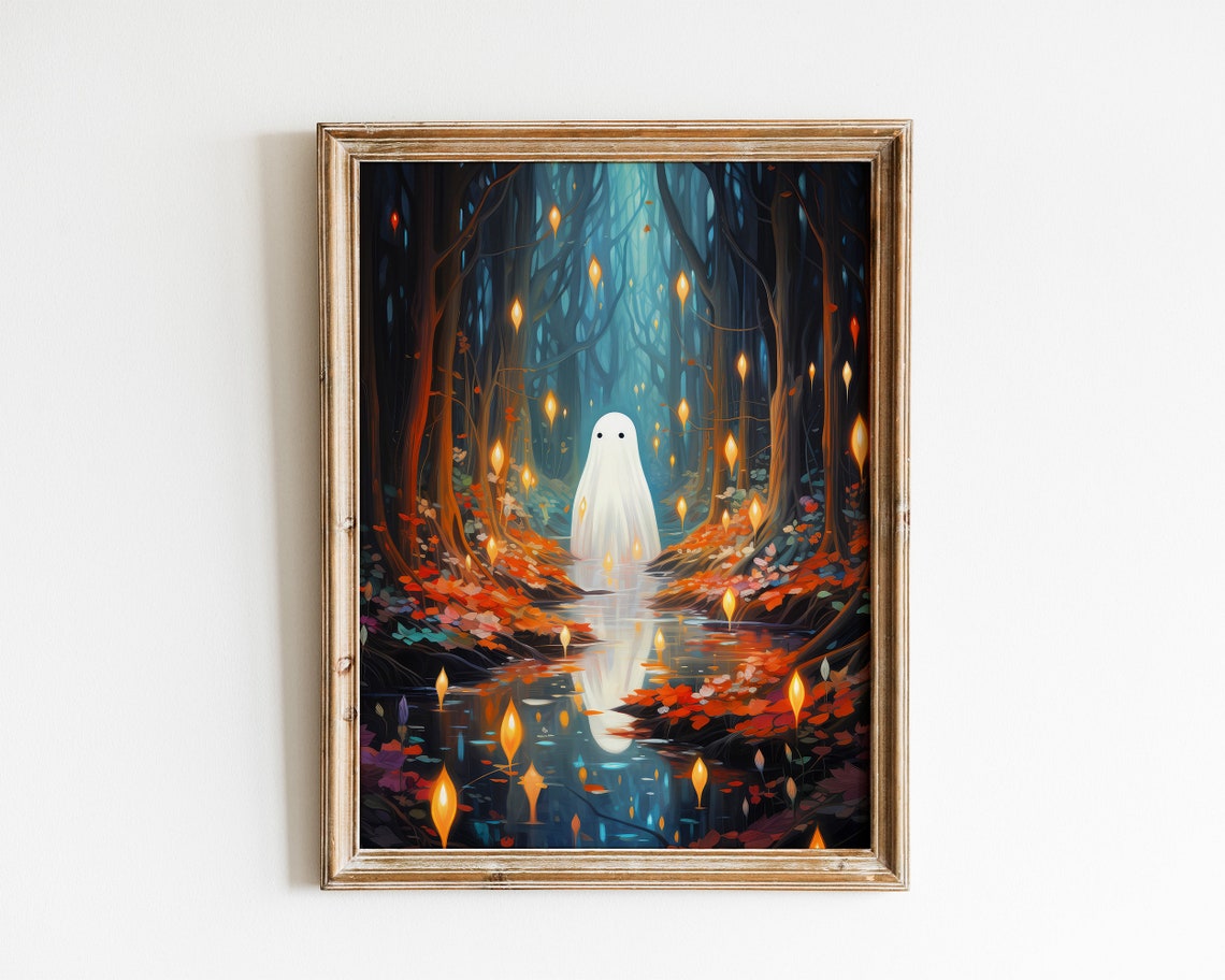 Cute Ghost In Enchanted Forest With Lanterns Halloween Poster