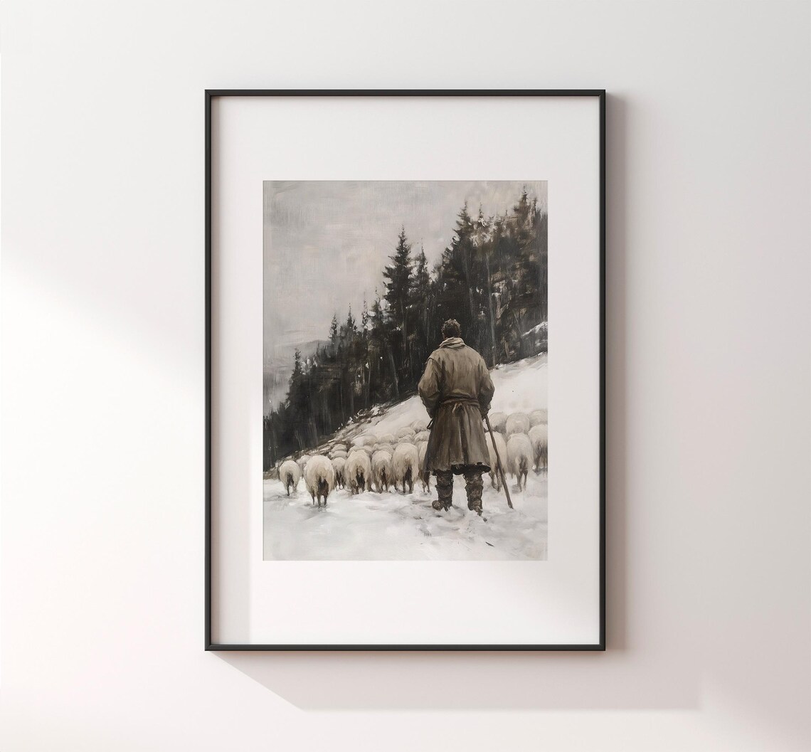 Vintage Winter Shepherd Painting, Rustic Snowy Woodlands Scene - Image 3