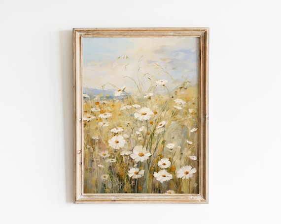 White Daisies in a Golden Spring Meadow Vintage Floral Oil Painting Poster