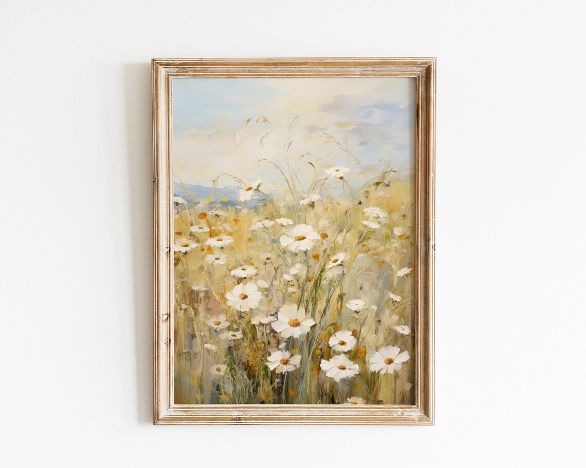 White Daisies in a Golden Spring Meadow Vintage Floral Oil Painting Poster