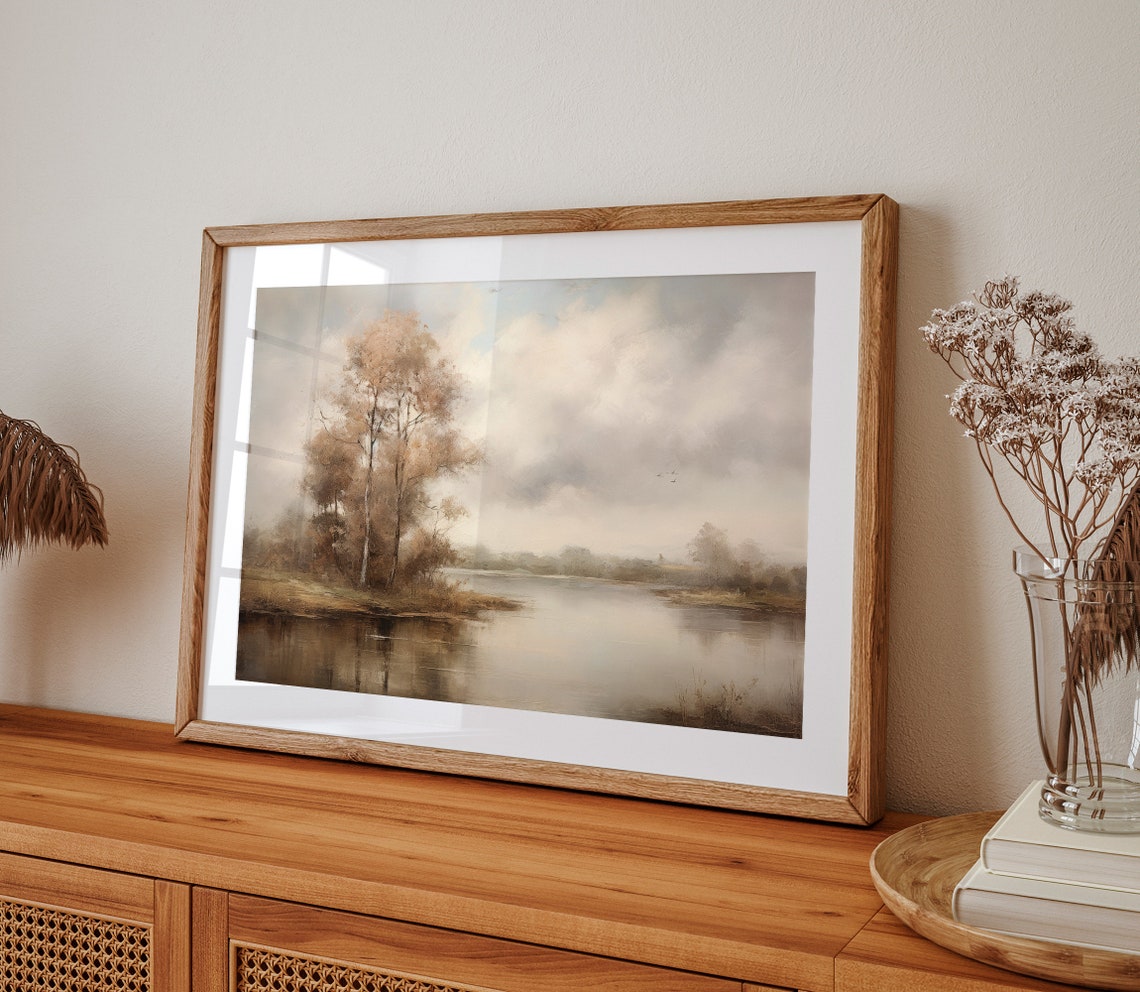 Autumn Lake Reflections Vintage Muted Tonal Landscape Painting Poster - Image 2