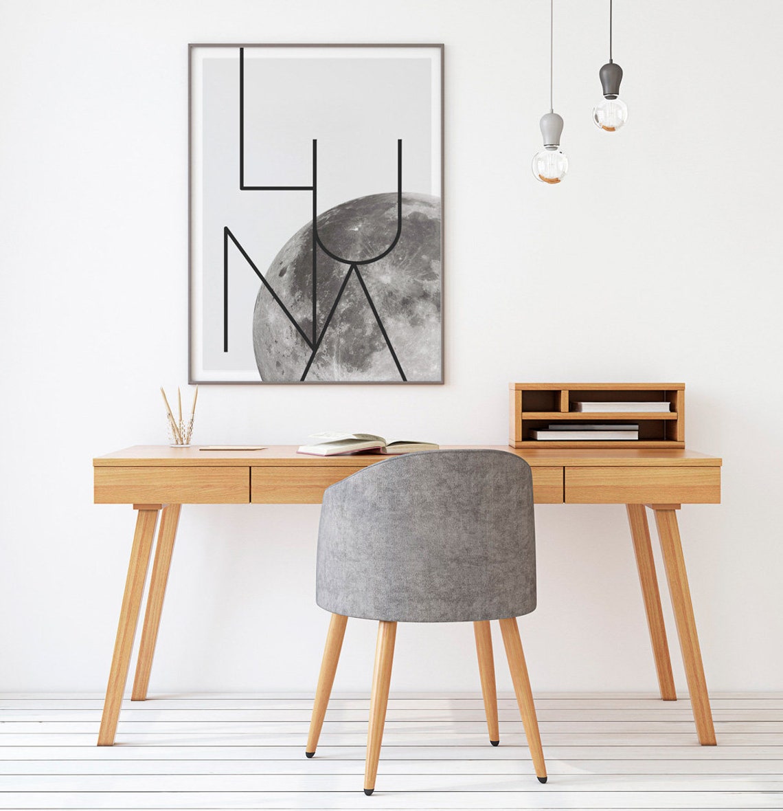 Luna Minimalist Moon Line Typography Black Astronomy Art Print - Image 3