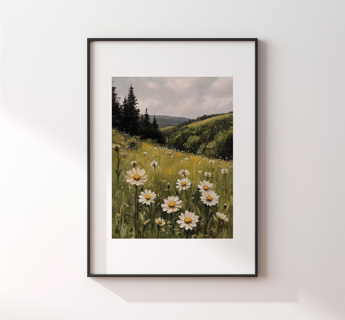 Daisy Field Before Pine Forest Vintage Green Meadow Painting Poster - Image 2