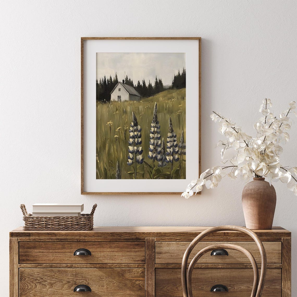 White Farmhouse With Purple Lupines Vintage Meadow Painting Poster - Image 7