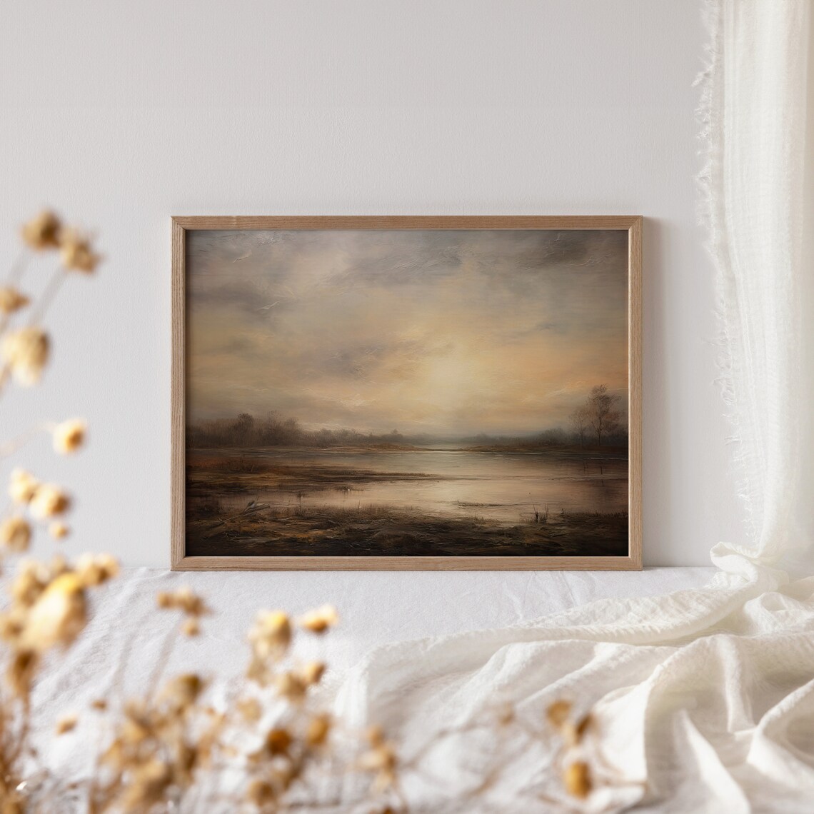 Moody Dark Lake Sunset with Golden Light Vintage Brown Landscape Poster - Image 4
