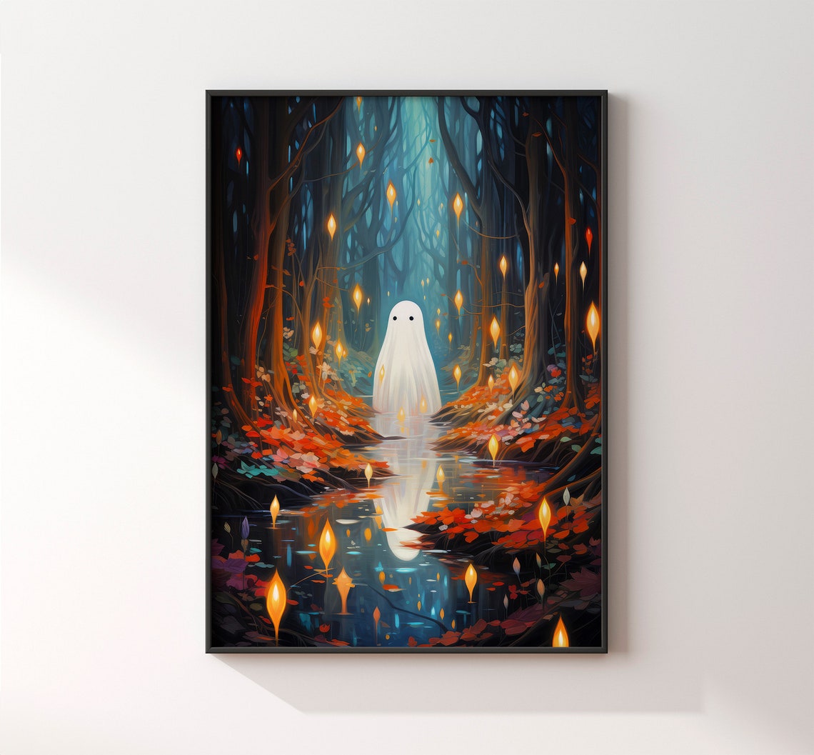 Cute Ghost In Enchanted Forest With Lanterns Halloween Poster - Image 2