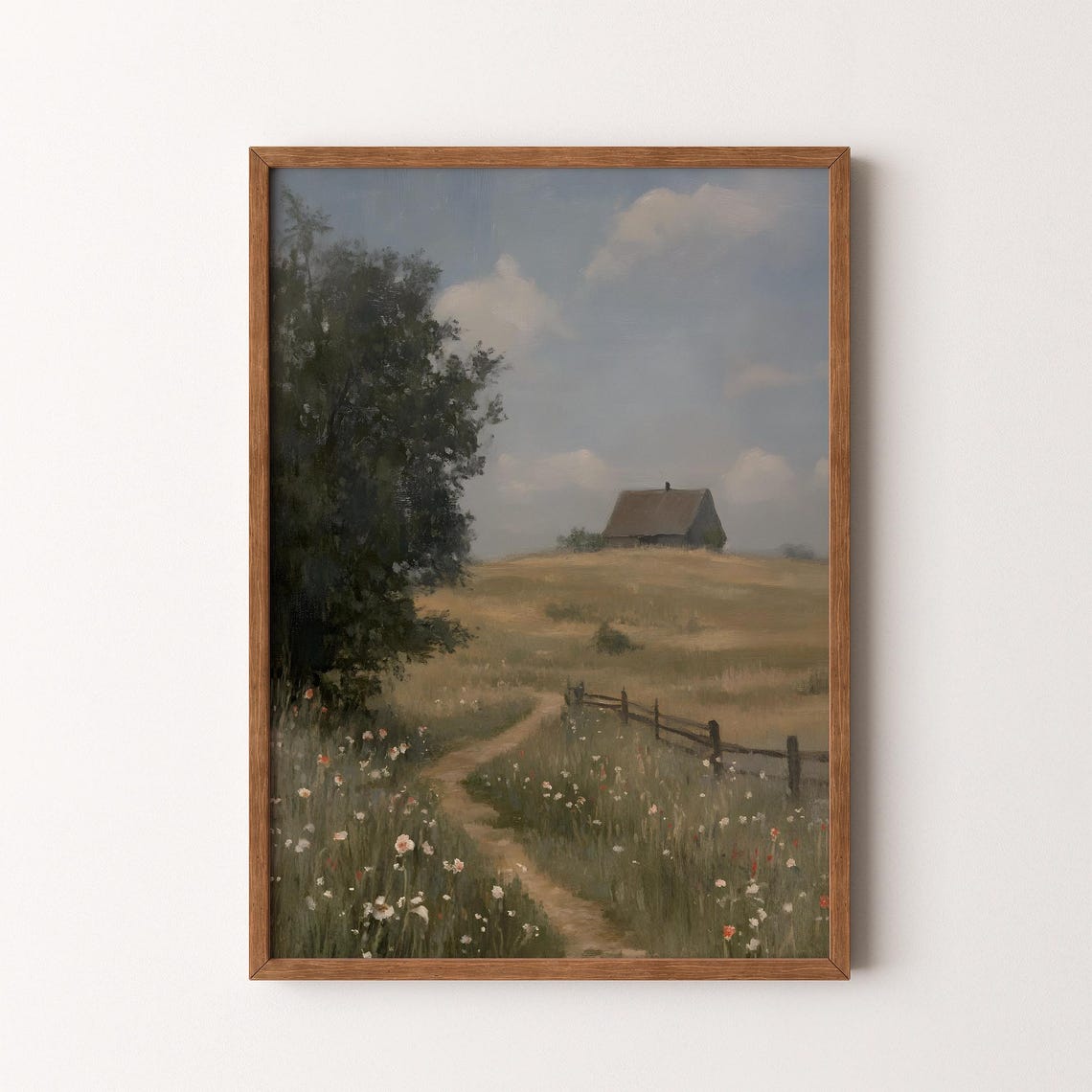 Rustic Farmhouse Hill Wildflower Path Country Barn Landscape Poster