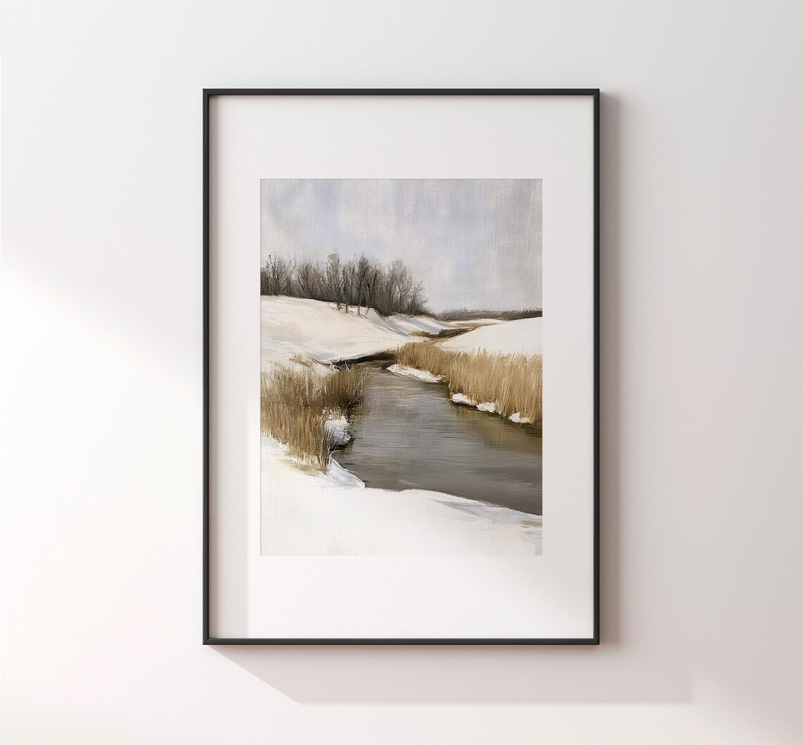 Winter Creek Through Snow With Reeds Muted Vintage Landscape Painting Poster - Image 2