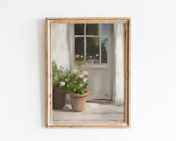 White Window With Terracotta Rose Pots On Sunlit Patio Spring Floral Poster