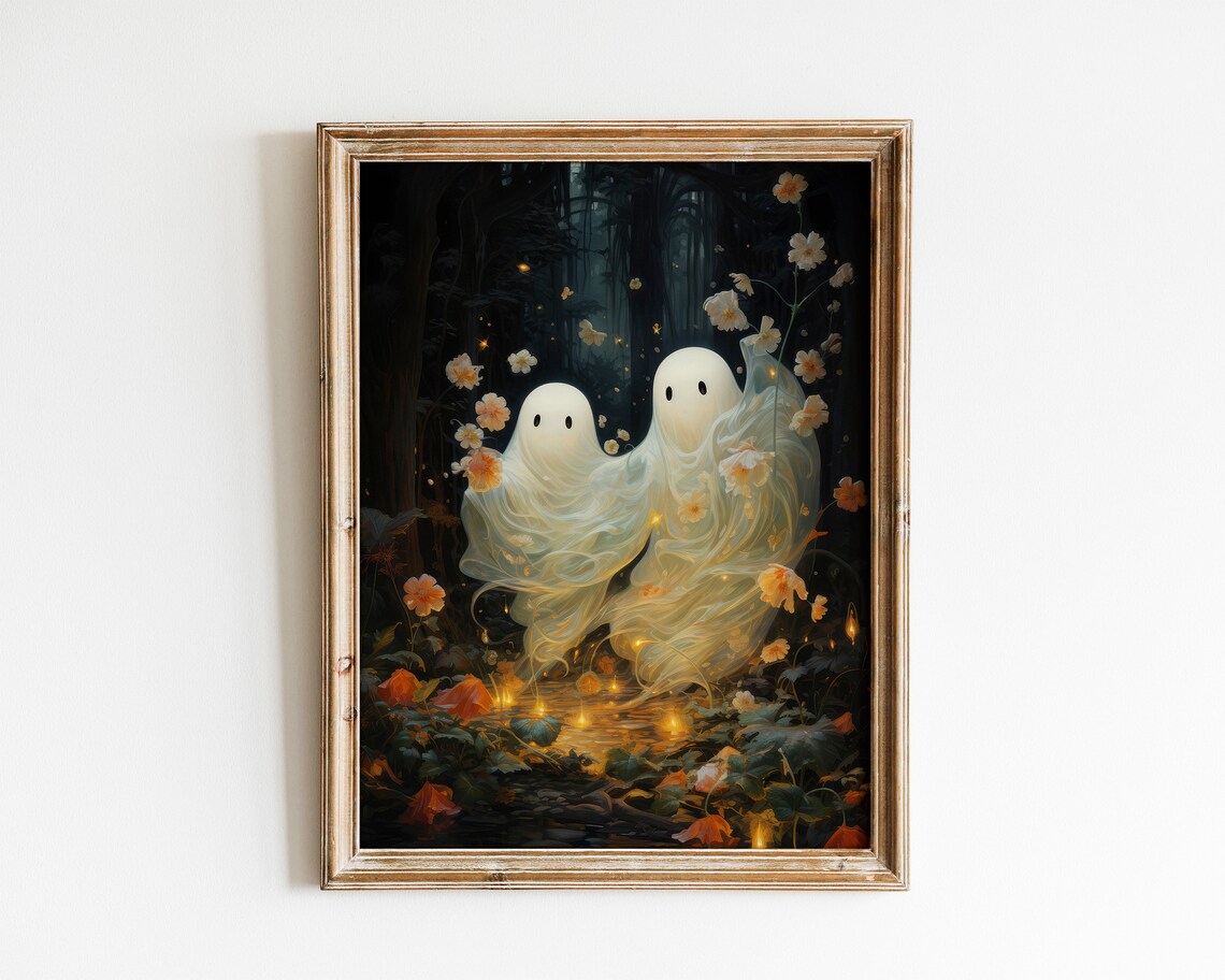 Two Ghosts Among Flowers in a Moonlit Forest Magical Halloween Art Poster