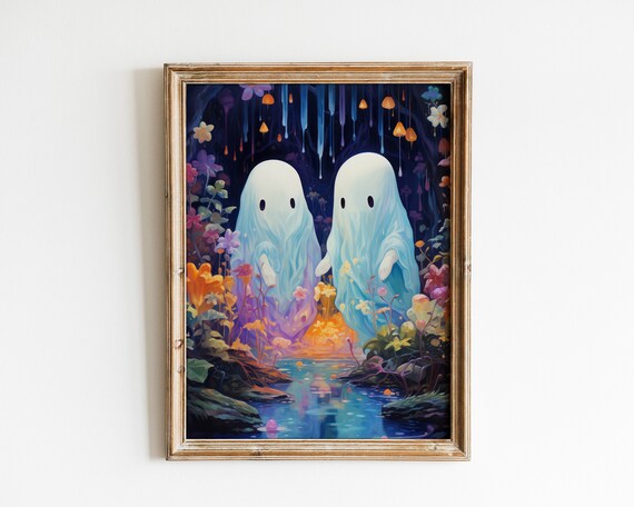 Two Ghosts By A Stream In A Colorful Mushroom Cave Halloween Poster