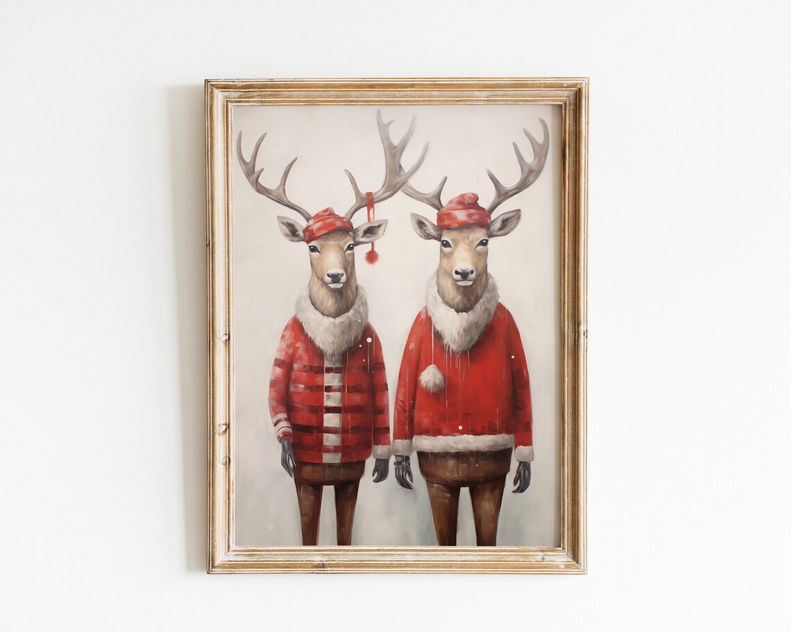 Reindeer Pair in Red Santa Coats Cute Christmas Animal Poster - Image 4