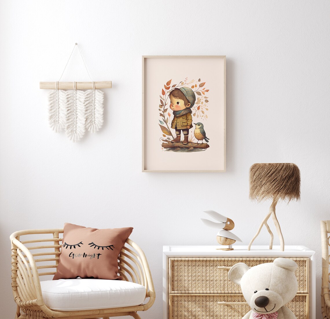 Little Boy and Bird Autumn Illustration Nursery Kids Room Poster - Image 2