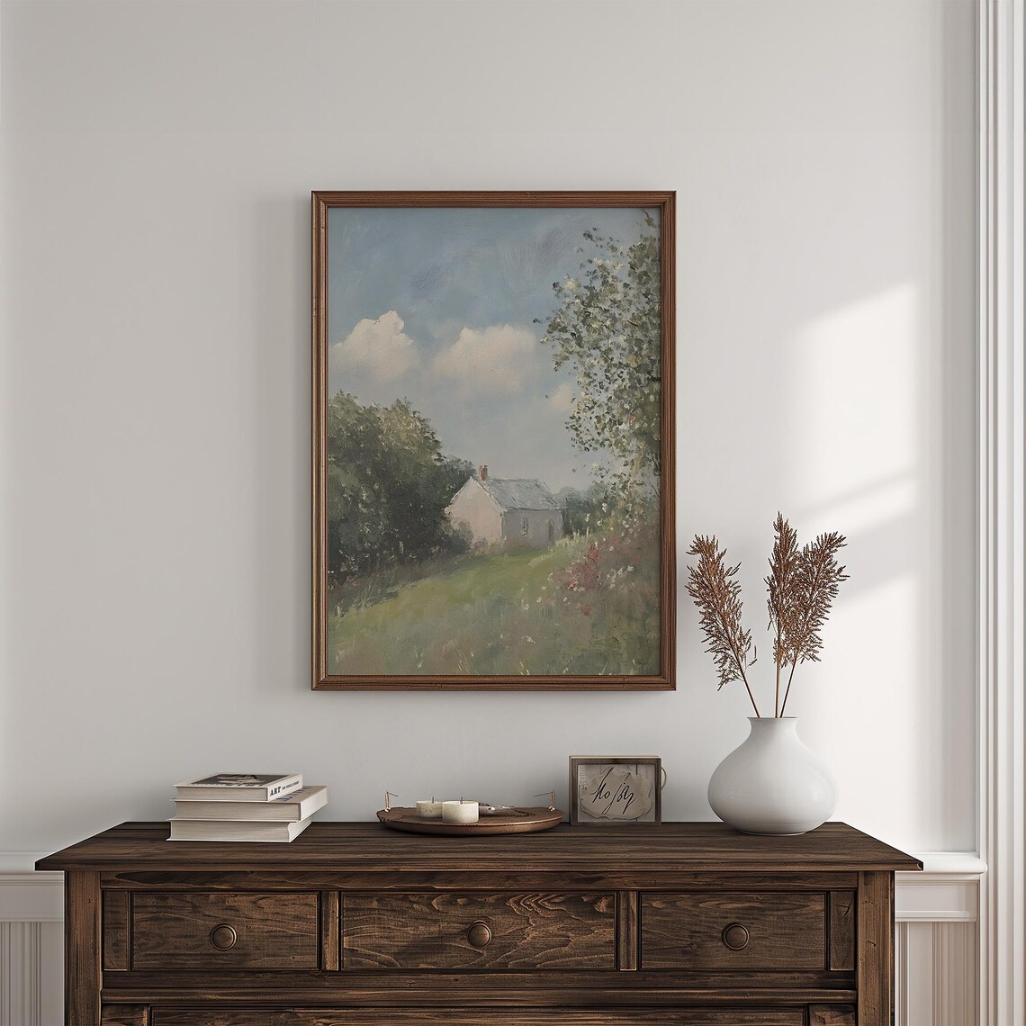 Pink Cottage On Sunny Hill Vintage Countryside Garden Painting Poster - Image 4