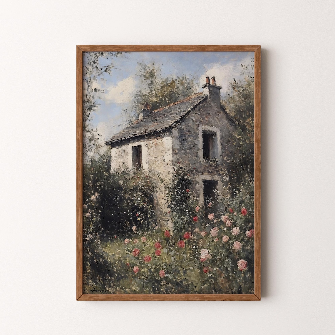 Rustic Stone Cottage Rose Garden Slate Roof Country Farmhouse Poster