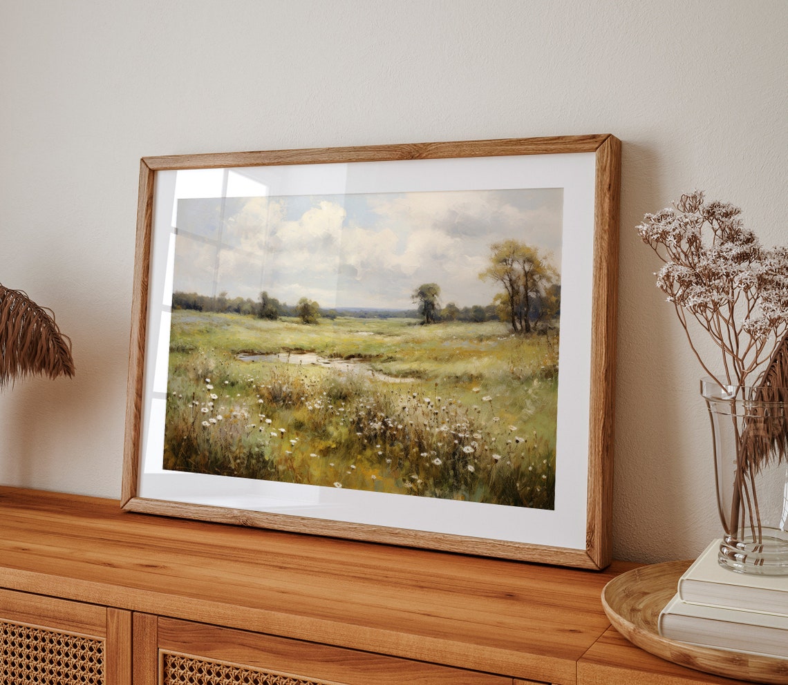 Wildflower Meadow With Pond Under Bright Blue Sky Painting Poster - Image 2