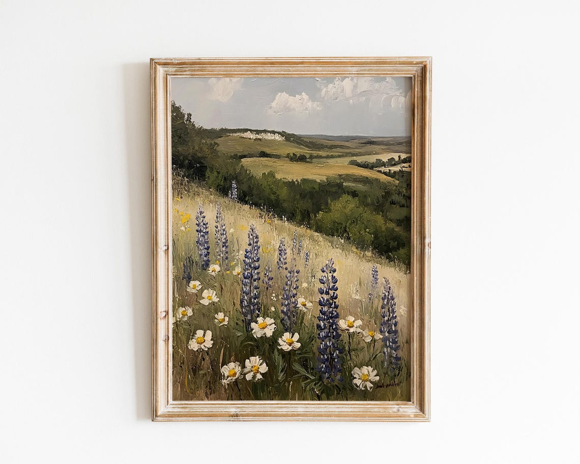 Purple Lupines And Daisies On Hillside Vintage Countryside Poster