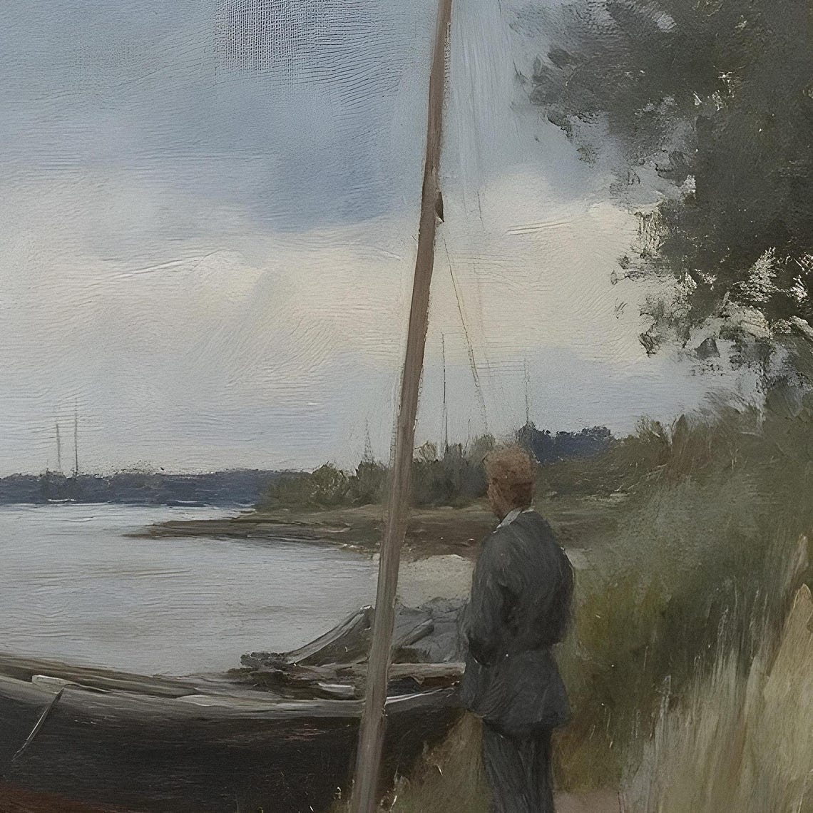 Fisherman Wooden Boat River Shore Cloudy Sky Coastal Scene Oil Poster - Image 2