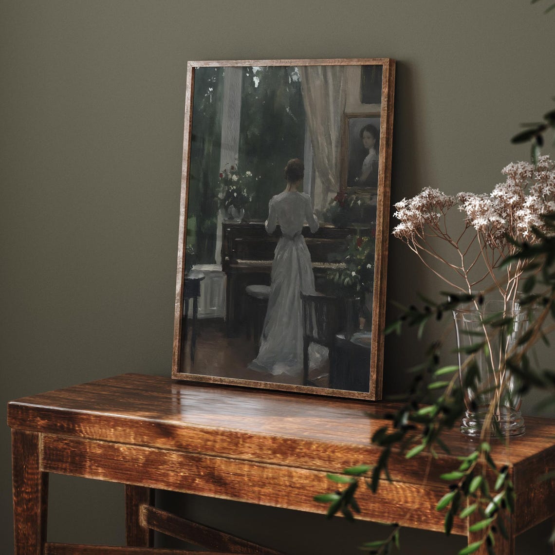 Vintage Elegant Lady Interior Painting Moody Green Drawing Room Scene Vi251 - Image 6