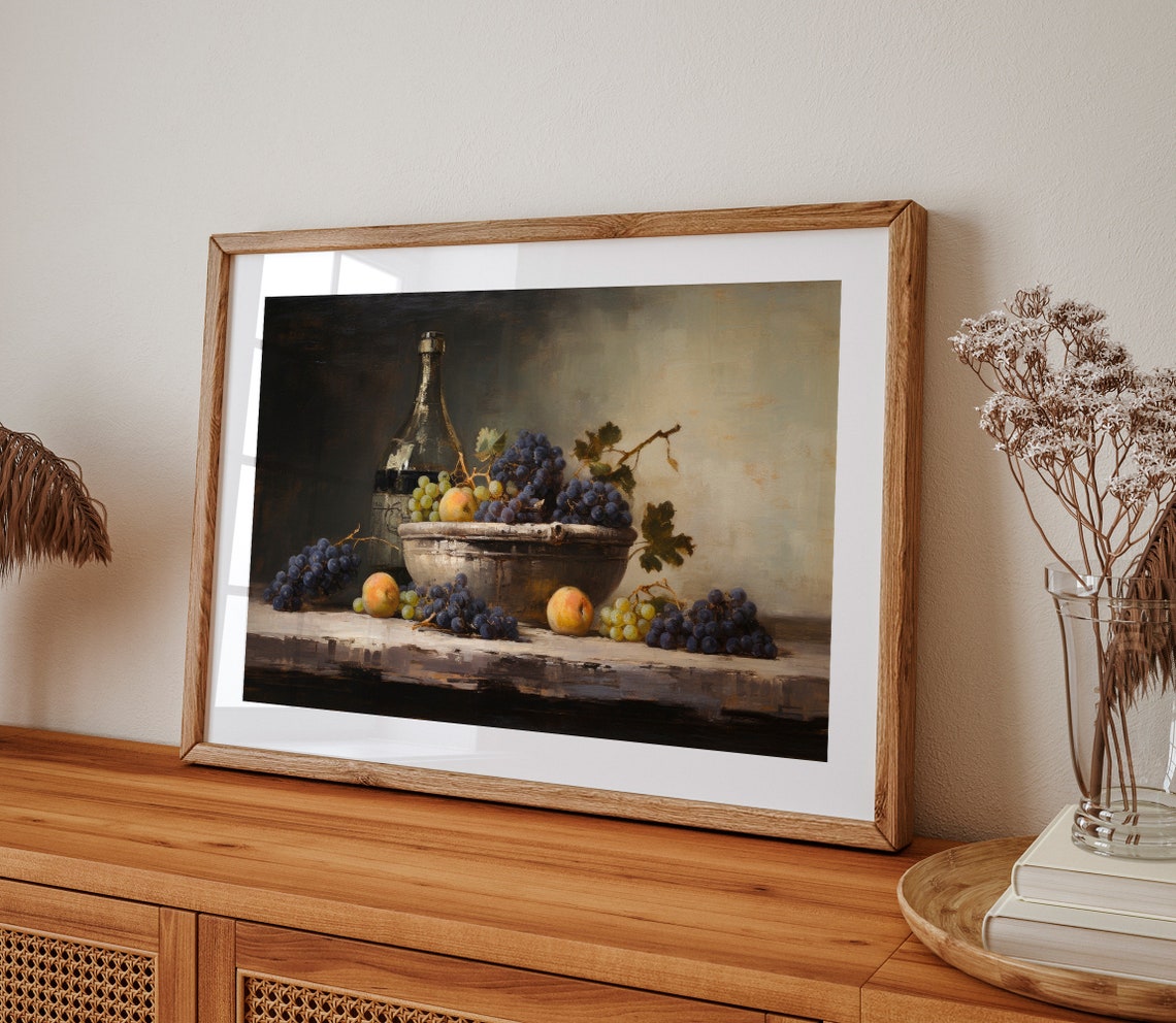 Vintage Still Life Fruit Bowl With Grapes Peaches And Wine Poster - Image 2