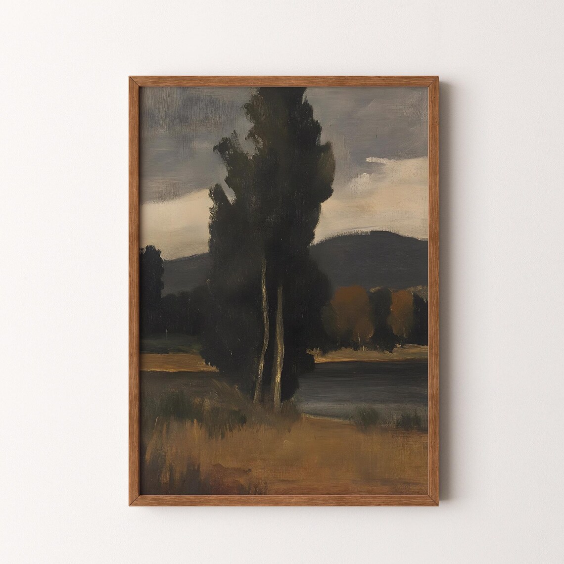 Vintage Landscape Painting, Moody Rustic Countryside Scene